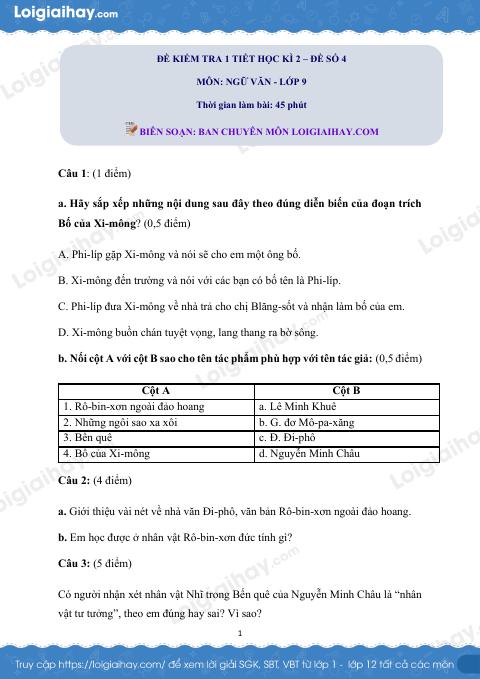 Đề kiểm tra 1 tiết Văn 9 - Đề số 4